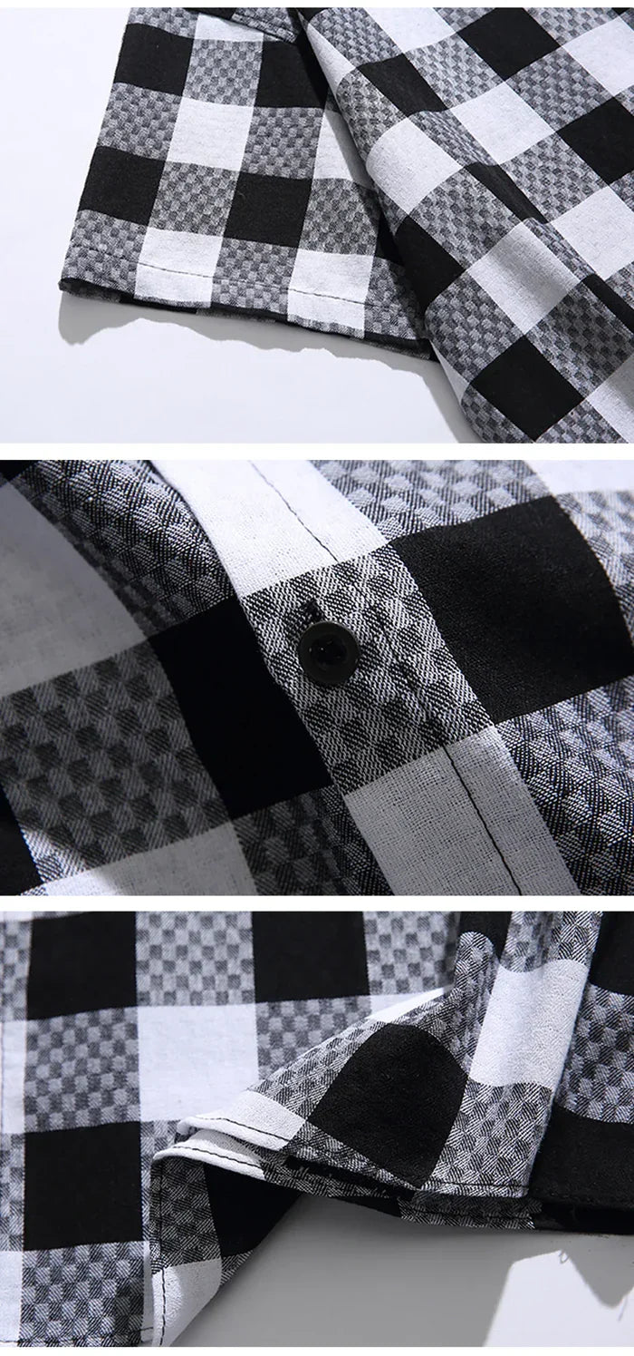 Herenoverhemd met korte mouwen in zwart-wit ruitpatroon